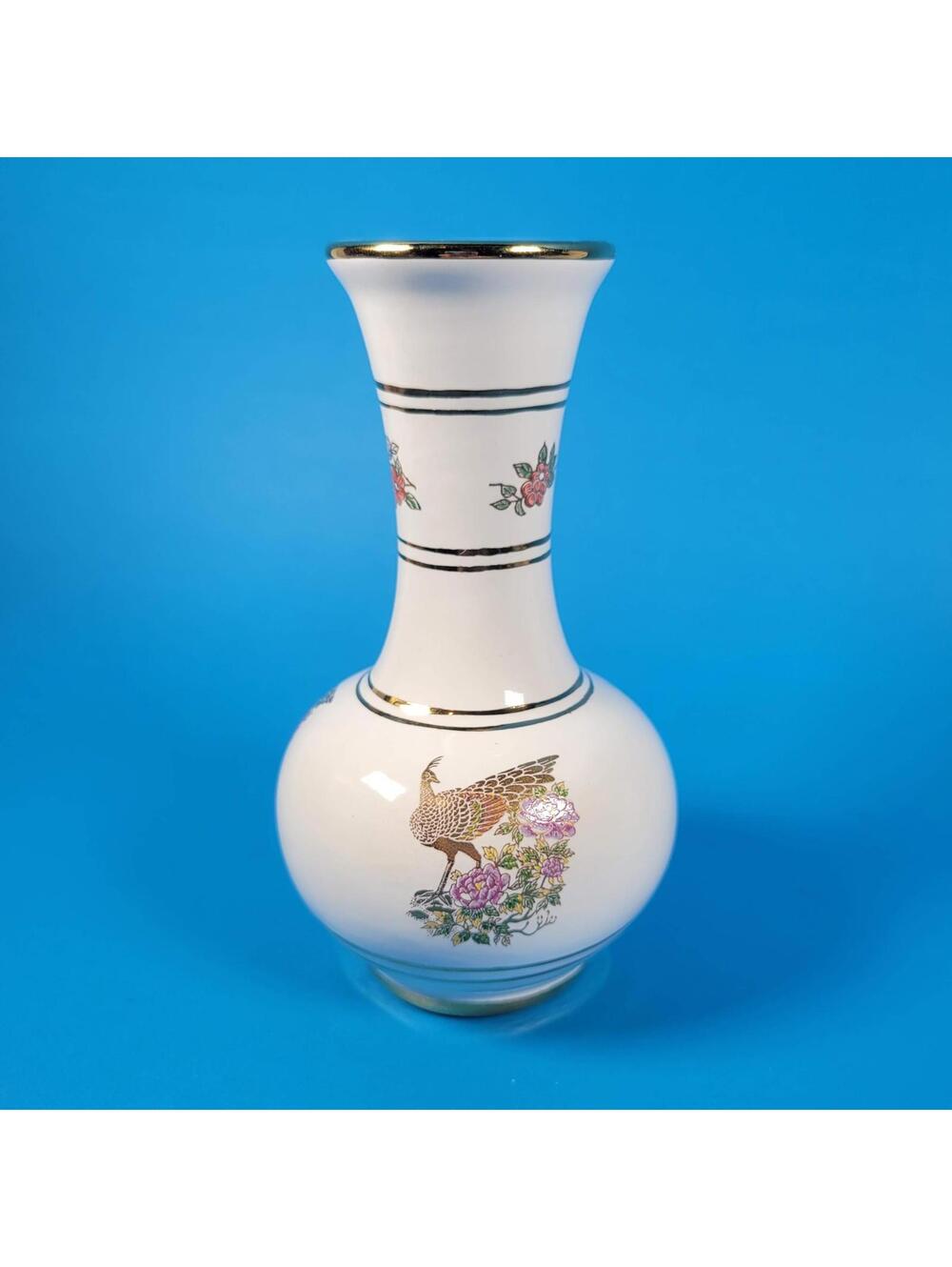 Vintage 5" Ceramic Vase with 24k Gold Trim and Floral Bird Design